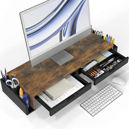 Simple Houseware Desk Dual Monitor Stand Riser with 2 Drawers, Rustic Brown - color: Rustic Brown