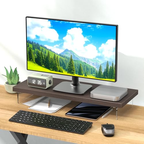 Monitor Stand Riser, 25x10 in Wood & Acrylic Computer Desk Organizer Shelf - color: Black Walnut, size: 25*10 Inch