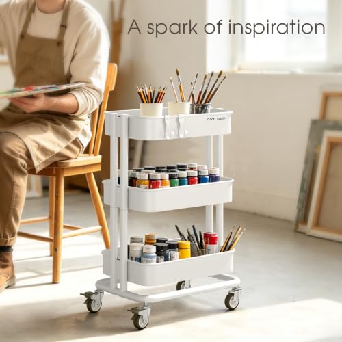 3 Tier Rolling Cart Metal Utility Cart with Lockable Wheels Home Office - color: White, size: Small
