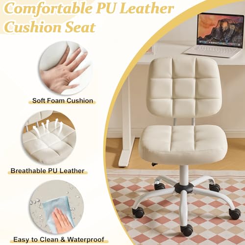 VINGLI Compact Small Desk Chair, Cute Armless Chair with Wheels, Vanity Chair with Low Back, Height Adjustable Task Chair for Small Spaces, Office, Bedroom, Make Up Room, PU Leather, White - color: White