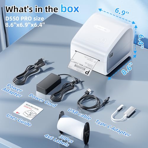 Bluetooth Thermal Label Printer 4x6, Wireless Thermal Labels Printers for Small Business, D550 Pro White Ethernet Shipping Label Printer, Support Bluetooth/Ethernet/USB - color: White
