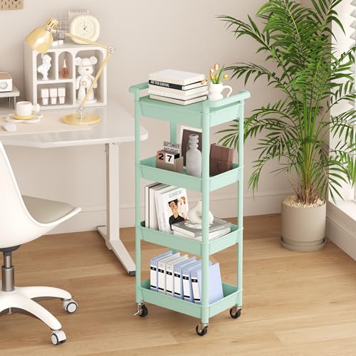 MIOCASA Utility Rolling Cart with Detachable Tray Top, 4-Tier Kitchen Storage Organization, Art Cart with Wheels for Office, Classroom, Living Room, Kitchen, Bathroom, Green, Plastic - size: 4-Tier, style: Green