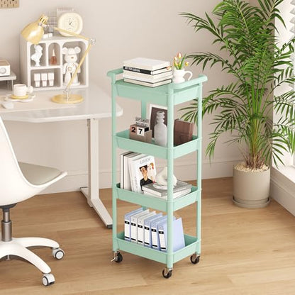 MIOCASA Utility Rolling Cart with Detachable Tray Top, 4-Tier Kitchen Storage Organization, Art Cart with Wheels for Office, Classroom, Living Room, Kitchen, Bathroom, Green, Plastic - size: 4-Tier, style: Green