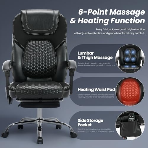 MALOL 300 lbs Massage Office Chair, Big and Tall Desk Chair with 3-Level Heat and Footrest, PU Leather Ergonomic Executive Computer Chair with Side Pocket, Black - color: Black, size: Set of 1, style: Classic