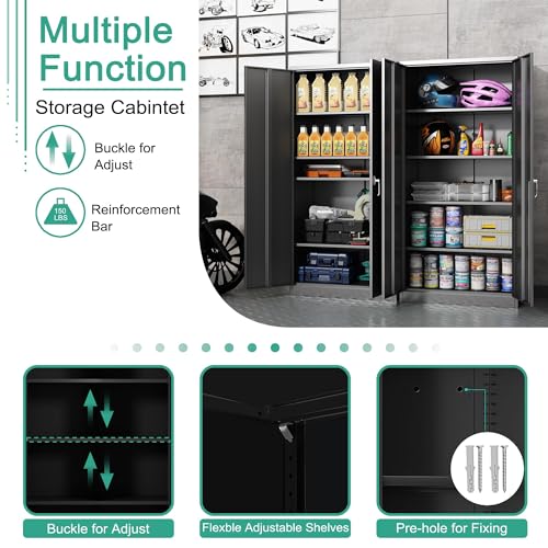 Black Metal Storage Cabinet with Door, Locking Steel Cabinet with 4 Adjuestable Shelves, Tall Lockable Garage Tool Storage Cabinet for Home, Office, Pantry, Assembly Required - size: 35.43" W x 17.71" D x 70.87" H