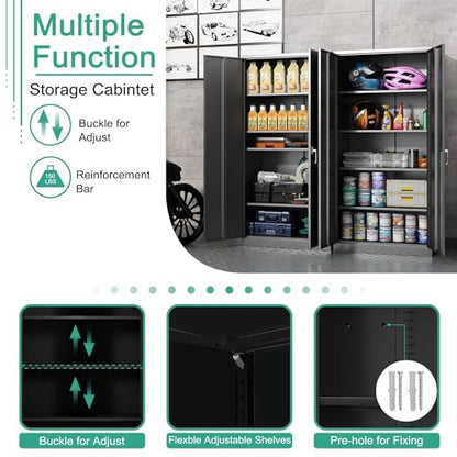 Black Metal Storage Cabinet with Door, Locking Steel Cabinet with 4 Adjuestable Shelves, Tall Lockable Garage Tool Storage Cabinet for Home, Office, Pantry, Assembly Required - size: 35.43" W x 17.71" D x 70.87" H