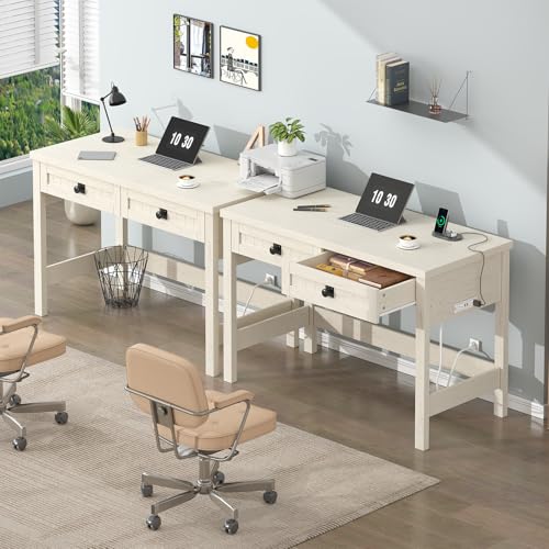 39 Inch Farmhouse Small Computer Desk with Drawers for Bedroom, Home Office - color: White