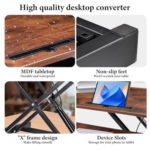 Standing Desk Converter 38 Inch, Height Adjustable Sit to Stand Workstation, Dual Monitor and Laptop Riser with Wide Keyboard Tray, Ergonomic Desk Topper for Home Office School, Brown - color: Tiger Brown