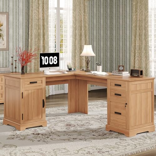 67'' L Shaped Desk with Drawers, Farmhouse Corner Computer Desk with File Storage and Charging Station for Home Office, Walnut - color: Walnut, size: 67''