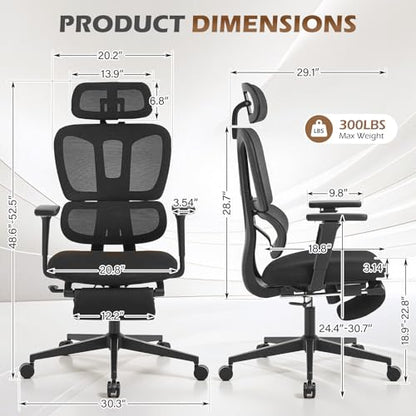 Ergonomic Office Chair with Footrest and Dynamic Lumbar Support, Black | Reclining high-back computer chair, memory foam seat, 4D armrests, 2D headrest, mesh desk chair for home office, long hours - color: Black