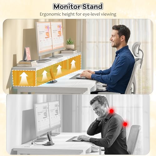 DurayLoly Office Desk with 55" Long Monitor Stand, 18" Ample Printer Space | Storage Drawer and File Shelves,Versatile RGB LED Lighting,Built-In USB Outlet,Sturdy Metal Frame,Bedroom Writing Desk,White - color: White