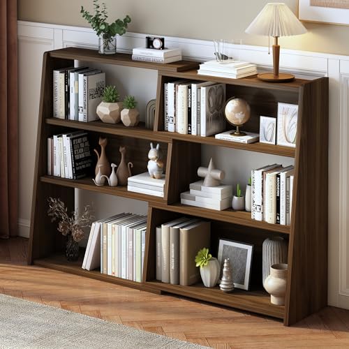 IOTXY Wooden Extendable Shelf Bookcase, 3-Tier Low Bookshelf, Walnut, L | Adjustable Two-piece Design, 6 Open Cubbies, Extends 31.5"-59.1" for Straight Walls, Corners, and Small Spaces - color: Walnut, size: Large