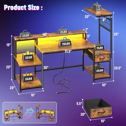 DurayLoly 55" Office Desk with File Drawer and Printer Space for Bedroom - color: Brown, size: 19.6"Dx55"Wx51"H