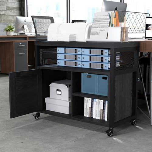 FUSUNBAO Farmhouse Printer Stand with Storage, Rolling Printer Cabinet with Shelves, Charge Station, Wheels, and File Cabinet for Home Office Storage (Black) - color: Black