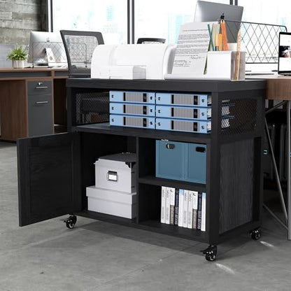 FUSUNBAO Farmhouse Printer Stand with Storage, Rolling Printer Cabinet with Shelves, Charge Station, Wheels, and File Cabinet for Home Office Storage (Black) - color: Black