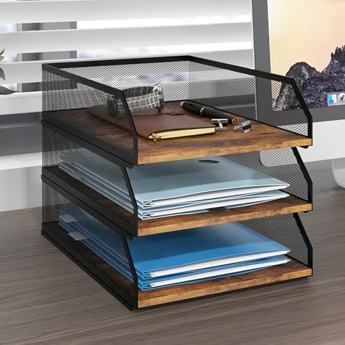 Natwind 3-Tier Stackable Metal Mesh Paper Organizer with Sliding Tray,Retro | Wooden Desk Organizer, Letter Tray For Desktop,File Holder For Home Office School Classroom Organization - size: 3 tier