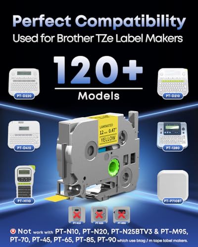 TZe TZ Tape 12mm 0.47 Laminated Yellow TZe-631 Replace for Brother TZE631 | Black on Yellow Label Maker Tape 1/2" P-touch Tape for Brother Ptouch PT-D220 D210 H110 D200 D400 1280 D610BT Refills, 5-Pack - color: Black on Yellow