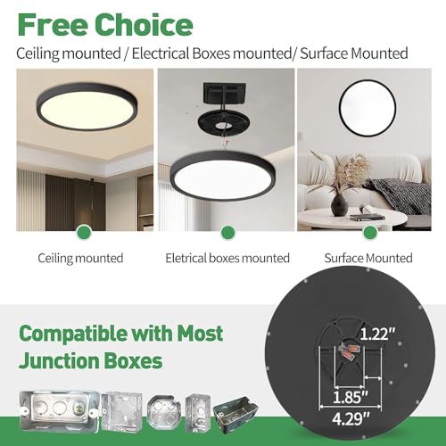 9Inch 4PK Black LED Flush Mount Ceiling Light,18W,1860LM, 3CCT Selectable | 3000K/4000K/6000K CCT Selectable, Black Close to Ceiling Round Flat Panel Light, Super Slim LED Ceiling Light for Bedroom - color: Black, size: 9"-4PK