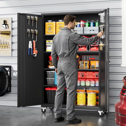 Deep & Wide Rolling Garage Cabinets, Metal Storage Cabinet with Wheel - color: Black, size: 71"H x 43.3"W x 20"D-E