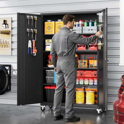Deep & Wide Rolling Garage Cabinets, Metal Storage Cabinet with Wheel - color: Black, size: 71"H x 43.3"W x 20"D-E