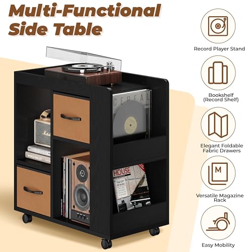 Yaheetech Narrow End Table Storage Drawer Rolling Shelves, Black | Open Shelves | Magazine Rack | Rolling Wheels | Wooden Construction | Living Room & Bedroom - color: Black