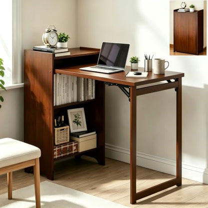 tonchean Bamboo Folding Desk with Storage Bookshelf for Small Spaces, Brown