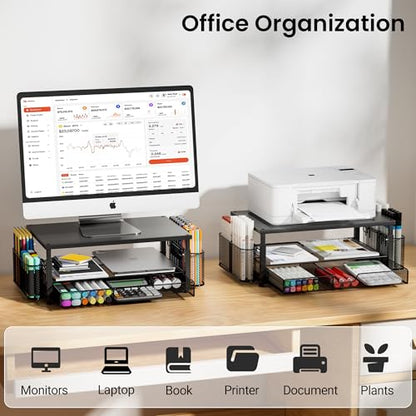 Desk Organizer and Accessories with Cellphone Holder, Height Adjustable 2-Tier Computer Monitor Stand Riser with Drawer and 2 Pen Holders,Office Desk Accessories for Office Supplies, Black