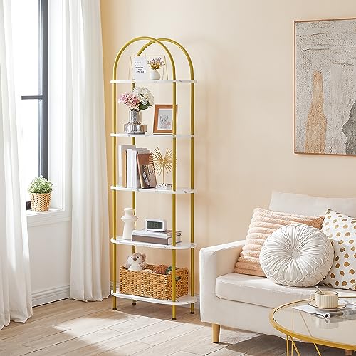 HOOBRO 5 Tier Open Bookshelf, Industrial Arched Bookcase Display Shelf Rack, Wooden Bookcase Storage Shelf Metal Frame, Tall Storage Organizer for Home, Easy Assembly, Gold DM176SJ01 - color: Gold