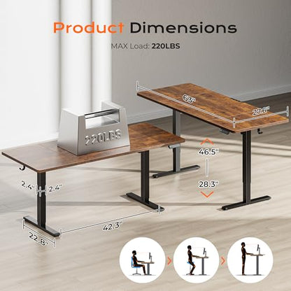 Huuger 63 x 28 Large Electric Standing Desk, Height Adjustable Computer Desk, 27.6" Deep Desktop, Stand up Gaming Office Table with 2 Hooks, 3 Preset Heights, for Home Office, Rustic Brown, 7021Z-1 - color: Rustic Brown, size: 63*28 inch (no outlets)