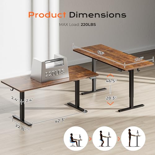 Huuger 63 x 28 Large Electric Standing Desk, Height Adjustable Computer Desk, 27.6" Deep Desktop, Stand up Gaming Office Table with 2 Hooks, 3 Preset Heights, for Home Office, Rustic Brown, 7021Z-1 - color: Rustic Brown, size: 63*28 inch (no outlets)