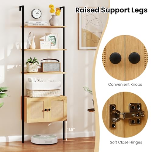 Giantex Ladder Bookshelf with Rattan Cabinet, 5-Tier Tall Wall-Mounted Bookcase with Metal Frame, 72.5" Boho Open Display Shelf Storage Organizer for Living Room, Study, Home Office, Natural