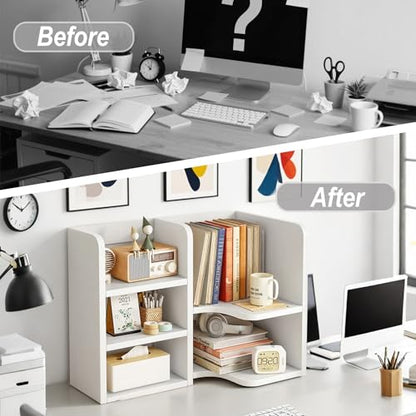 Desk Shelf,Small Bookshelf,Wooden Desk Hutch Desk Organizers,White Desktop Bookshelf and Accessories Storage Display Rack in Home Office Dorm,Freestanding Desk Shelf