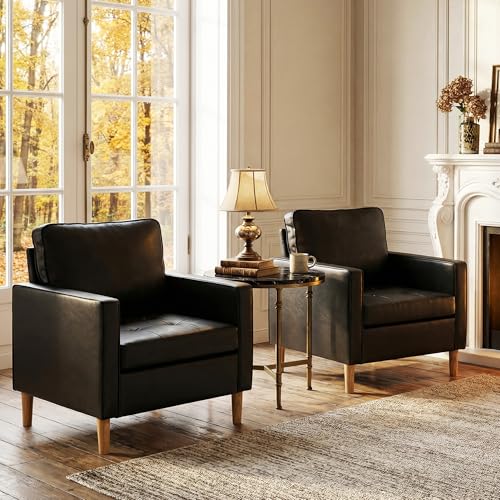 Black Leather Accent Chairs Set of 2, Mid-Century Modern, Lobby Chairs | STHOUYN Waiting Room Chairs with Arms, Club Chair, Reading, Guest, for Living Room Office Lobby - size: 2PCS
