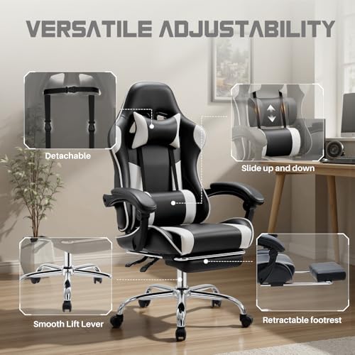 DUMOS Ergonomic Gaming Chair with Footrest, Computer Video Game Chair | Comfy Headrest, Height Adjustable, Linkage Armrests, PU Leather, 360° Swivel Recling, Black White - color: Black White, size: PU Leather 27"D x 25"W x 52"H