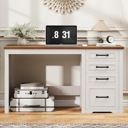 Vabches Farmhouse 49” Executive Desk with File Drawer, White Brown | 4 Drawers Reversible Computer Desk with Storage, Rustic Home Writing Workstation for Home Office - color: 49in White Brown
