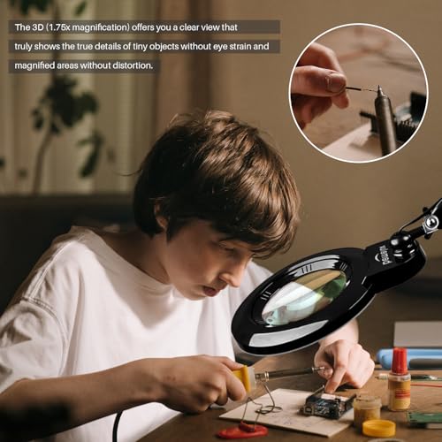 Magnifying Lamp with Clamp, 6-Inch Replaceable Lenses, Black | Includes detachable 3D & 5D glass lenses with 120 LEDs, 3 color temperatures, and 1200LM illumination
