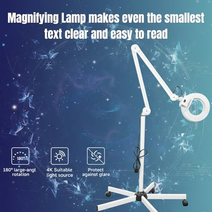 ANCHOR LANE Magnifying Glass with Light and Stand, 10x Lighted Magnifying Glass Floor Stand with Flexible Gooseneck & Spinner Wheels, Large LED Magnifying Lamp for Salon, Skincare & Beauty
