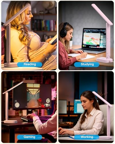 LED Desk Lamp, Power Strip with 4 USB 3 Outlets, Dorm Room Essentials, Pink - color: Pink, size: 5 Ft