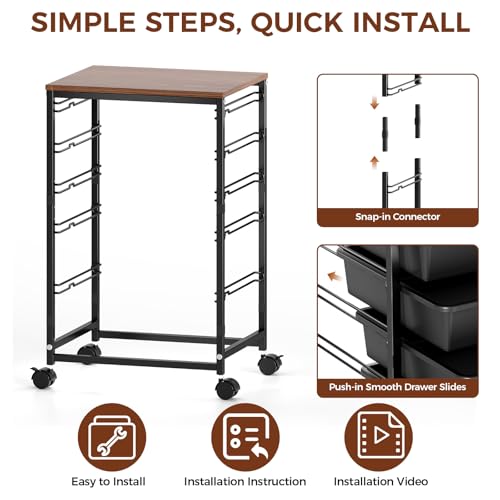 SYKIARIOL 5-Tier Rolling Cart with Drawers with Wooden Top, Black - color: Black