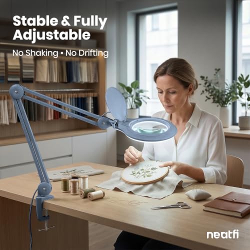 Neatfi LED Bifocal Magnifying Lamp 1,200 Lumens – 5” Glass Lens, Dual Magnification 2.25X/6X, Dimmable | Adjustable Arm with Clamp | Crafting, Jewelry & Reading (5 Diopter + 20 Diopter, Gray) - color: Gray, size: 5 Diopter + 20 Diopter
