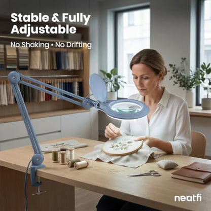 Neatfi LED Bifocal Magnifying Lamp 1,200 Lumens – 5” Glass Lens, Dual Magnification 2.25X/6X, Dimmable | Adjustable Arm with Clamp | Crafting, Jewelry & Reading (5 Diopter + 20 Diopter, Gray) - color: Gray, size: 5 Diopter + 20 Diopter