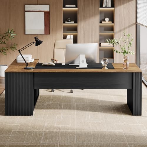 Tribesigns 78" L Shaped Executive Desk with Drawers, Large Office Computer Desk with Cabinet and Storage Shelves, Modern Business Furniture Sets Workstation for Home Office (Brown&Black) - color: Brown&black