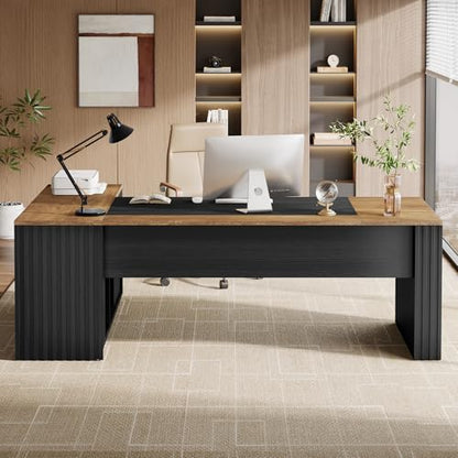 Tribesigns 78" L Shaped Executive Desk with Drawers, Large Office Computer Desk with Cabinet and Storage Shelves, Modern Business Furniture Sets Workstation for Home Office (Brown&Black) - color: Brown&black