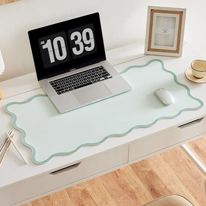Scalloped Desk Mat, 31.5" x 15.7", PU Leather, Waterproof Anti-Slip, Cute Aesthetic Desk Pad for Office/Home/Game/Vanity (Sage, 31.5" x 15.7") - color: Sage