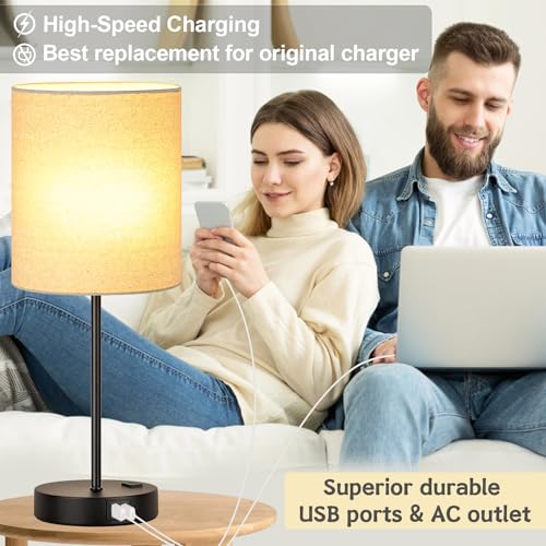 Lynnoland Set of 2 Touch Beige Table Lamps with 2 USB Ports & AC Outlet, 3-Way Dimmable Bedside Nightstand Lamps for Living Room Nursery Office Bedroom, 800 Lumens 2700K Warm Bulbs Included - color: Beige Linen & Matte Black (Base) - 2700K