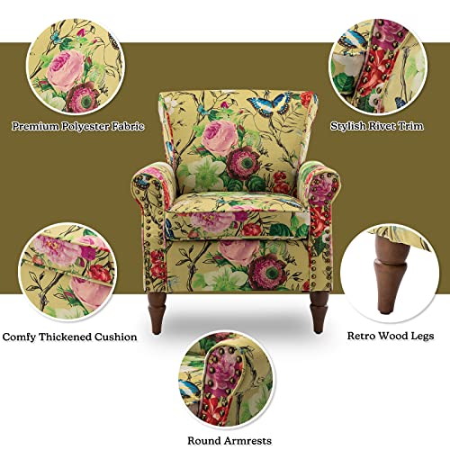 HULALA HOME Traditional Floral Accent Chair with Solid Wood Legs, Mustard | Comfy Upholstered Armchair Reading Chair with Rolled Armrests, Nailhead Trim, Removable Cushion, for Living Room Bedroom - color: Mustard