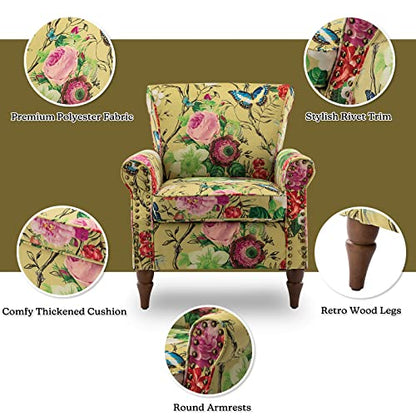 HULALA HOME Traditional Floral Accent Chair with Solid Wood Legs, Mustard | Comfy Upholstered Armchair Reading Chair with Rolled Armrests, Nailhead Trim, Removable Cushion, for Living Room Bedroom - color: Mustard