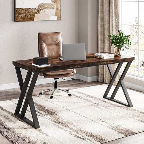 Tribesigns Writing Computer Desk, 55 inch Heavy Duty Study Desk with Z-Shaped Metal Leg, Modern Simple Home Office Computer Desk, Rustic Brown - color: Rustic Brown