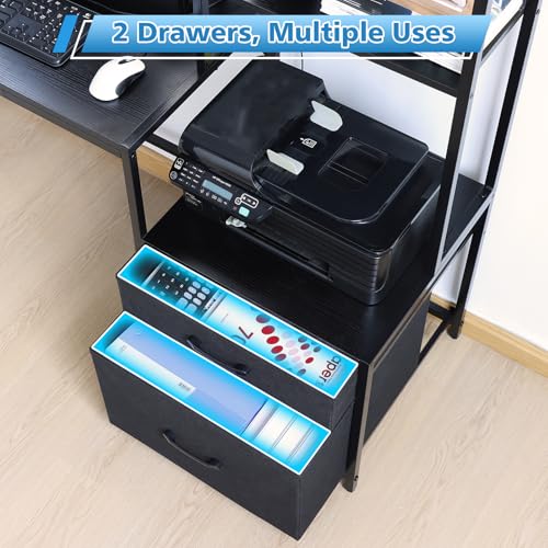KATHY&BOB 59.1" Computer Desk with Power Outlets and Storage Shelves, Reversible Home Office Desk with 2 Fabric Drawers, Sturdy Writing Table with Detachable Monitor Stand for Small Spaces - color: Black