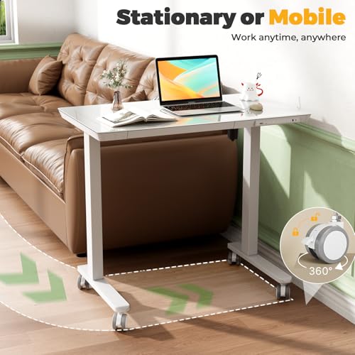 35" Electric Standing Desk with Drawer, One-Piece Glass Top - color: White Glass-top, size: 35"